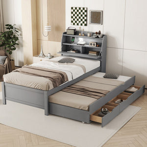 English Elm Twin LED Platform Bed with Trundle and Under-Storage Drawers, Flip-Up Headboard, USB Ports Gray N820S10008E