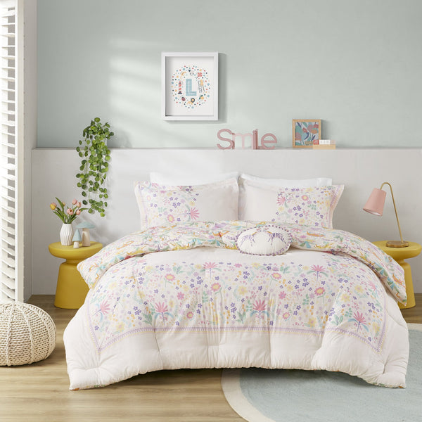 English Elm 3 Pcs Twin Floral Reversible Comforter Set In Purple - Cozy Cotton Bedding With Throw Pillow Included B035P319908