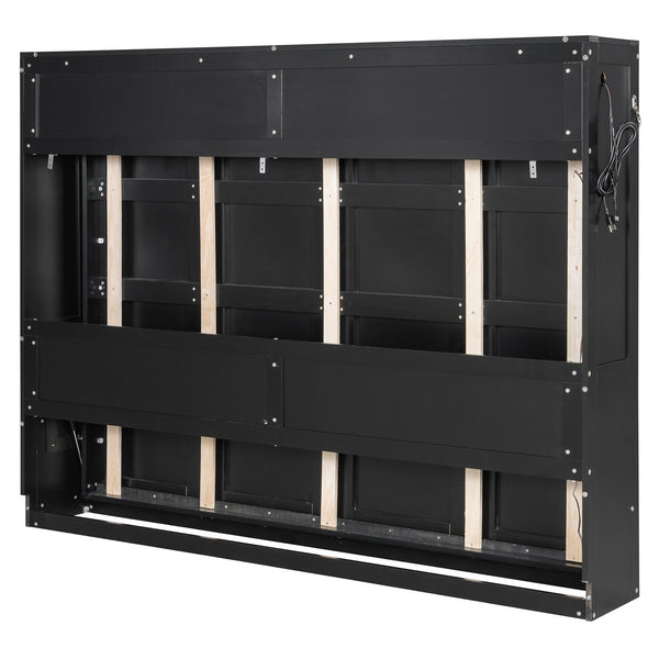 English Elm Queen-size Murphy Wall Bed with Led Ambient Lighting Usb Outlet and Graphic Panel Black LP000357AAB