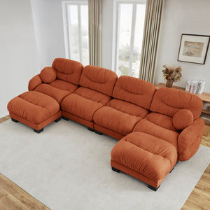 English Elm Pleated Chenille U-shape Modular Sectional Sofa with Ottomans and Ergonomic Foam Cushions Orange W5656S00072