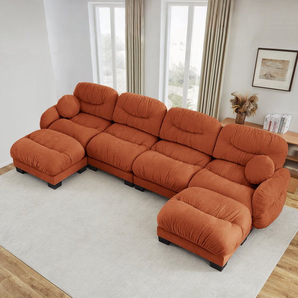 English Elm Pleated Chenille U-shape Modular Sectional Sofa with Ottomans and Ergonomic Foam Cushions Orange W5656S00072