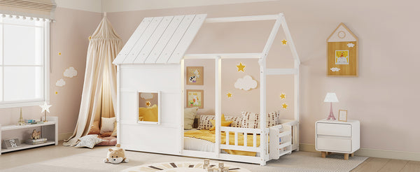 English Elm Twin House Frame Floor Bed Pinewood Build with Led Roofline Kids Bedroom White W697P435880