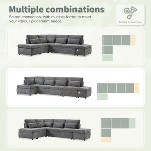 English Elm [video]107'' Chenille Sleeper Sectional with Usb Charging Storage Ottoman and Adjustable Armrest Gray N723S8782E