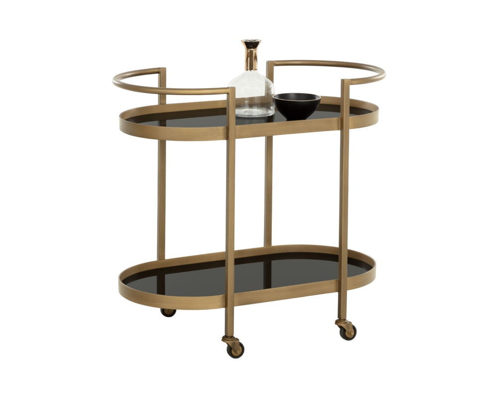 Sunpan BARTLETT Bar Cart - Elegant Antique Brass Frame with Black Mirrored Shelves for Stylish Entertaining 112317