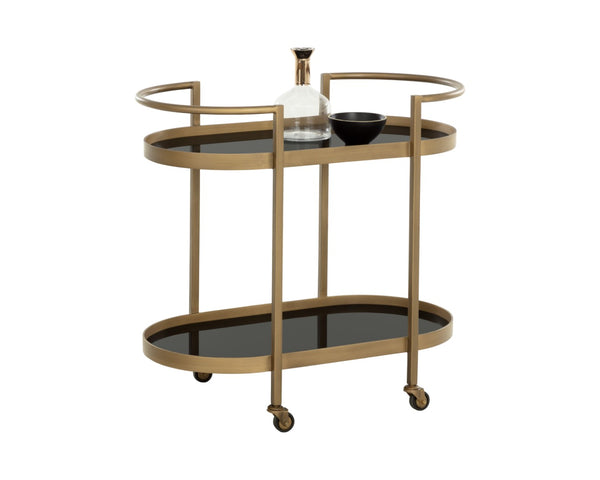 Sunpan BARTLETT Bar Cart - Elegant Antique Brass Frame with Black Mirrored Shelves for Stylish Entertaining 112317