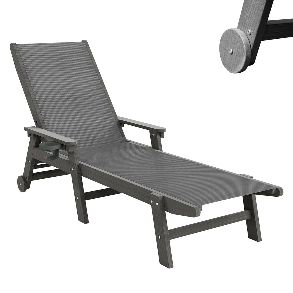 English Elm Lounge Outdoor Hdpe Reclining Chaise with Teslin Fabric Seat Wheels and Cup Holder Dark Grey W1859P494754
