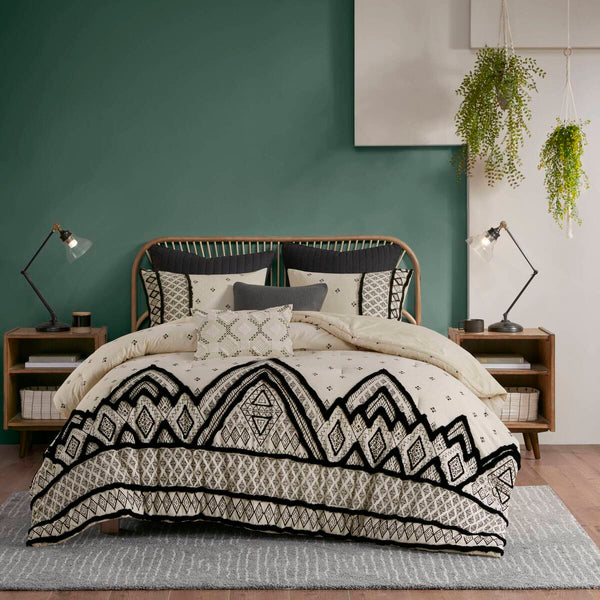 English Elm 3 INK+IVY Marta Cotton & Flax Linen Comforter Set Full/Queen with Black Diamond Print and Chenille Trim White+Black 19.29 L x 13.39 W x 13.39 H B03596415