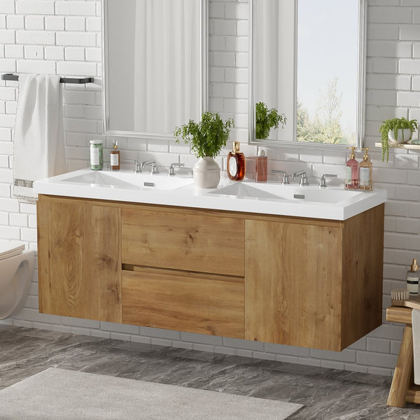 English Elm [video]59.3 Inch Wall Mounted Double Sink Vanity Wood Grain Mdf Soft Close Storage N729P000026N