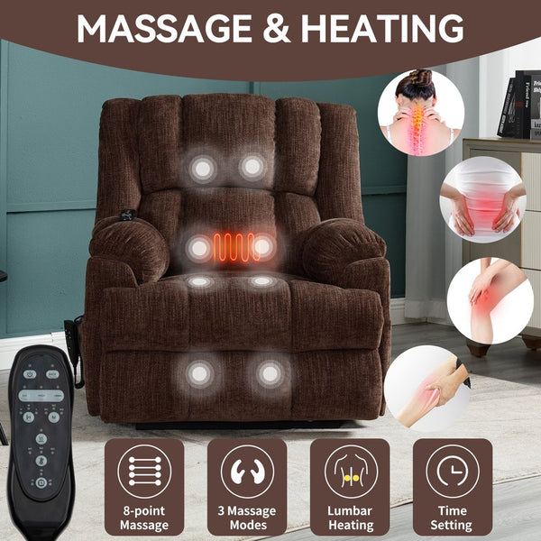 English Elm Dual Motor Power Lift Recliner Chenille Chair with Massage Heat and Infinite Positions Brown W3224P288490