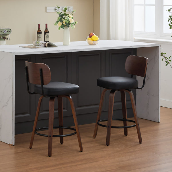 English Elm Swivel 26" Upholstered Counter Stools Set of 2 with Walnut Bentwood Back, PU Comfort Seat & Swivel Footrest Black W1143P300155