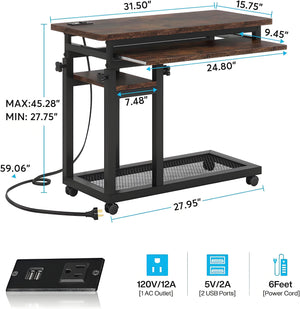 English Elm Side Rolling C Table with Adjustable Height Keyboard Tray and Built in Charging Outlet T3971P448106