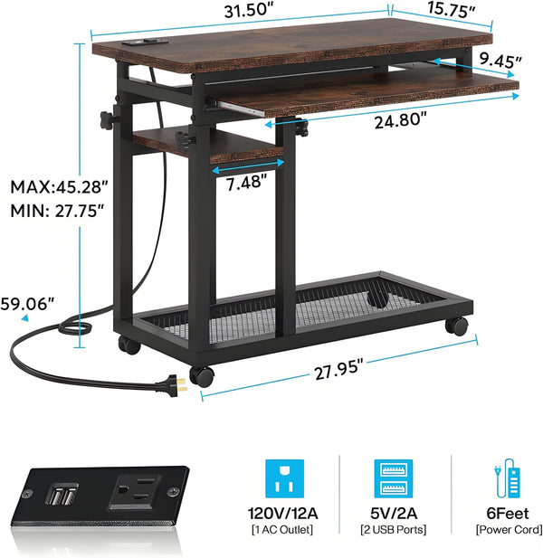 English Elm Side Rolling C Table with Adjustable Height Keyboard Tray and Built in Charging Outlet T3971P448106