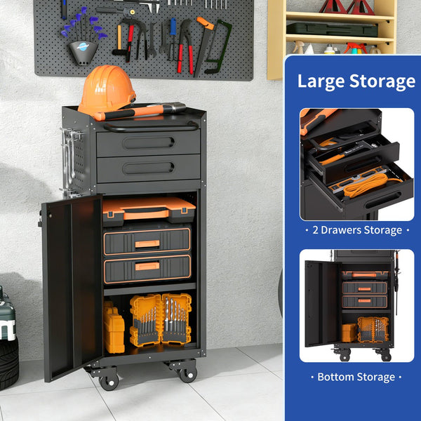 English Elm 34.3" Slim Steel Rolling Tool Cabinet with Locking Door Two Drawers for Garage W2735P428818
