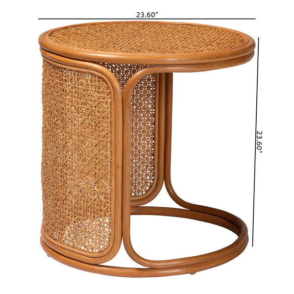 English Elm Bohemian Hand-woven Rattan Round End Table with Open Geometric Base for Living Rooms B2750P467757