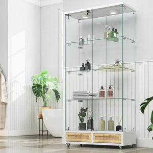 English Elm Modern Glass Display Cabinet With Led Lighting, Lockable Drawers, And Adjustable Shelves For Home Décor W241S00059