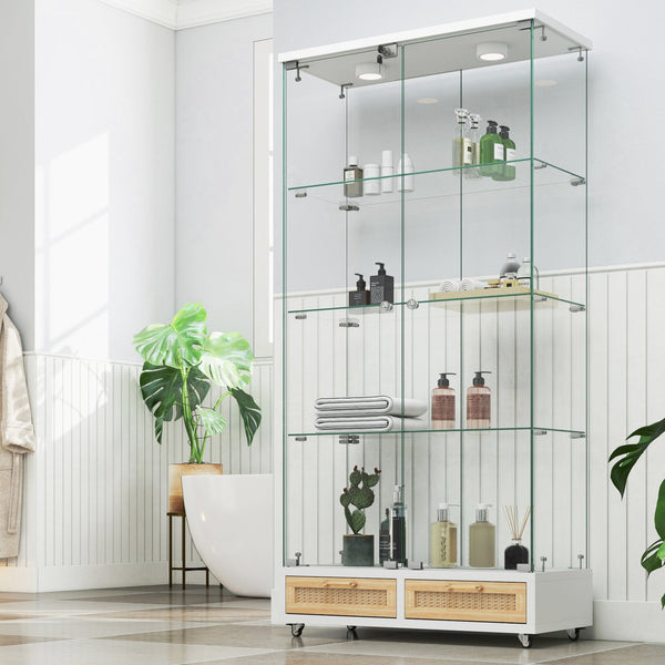 English Elm Modern Glass Display Cabinet With Led Lighting, Lockable Drawers, And Adjustable Shelves For Home Décor W241S00059