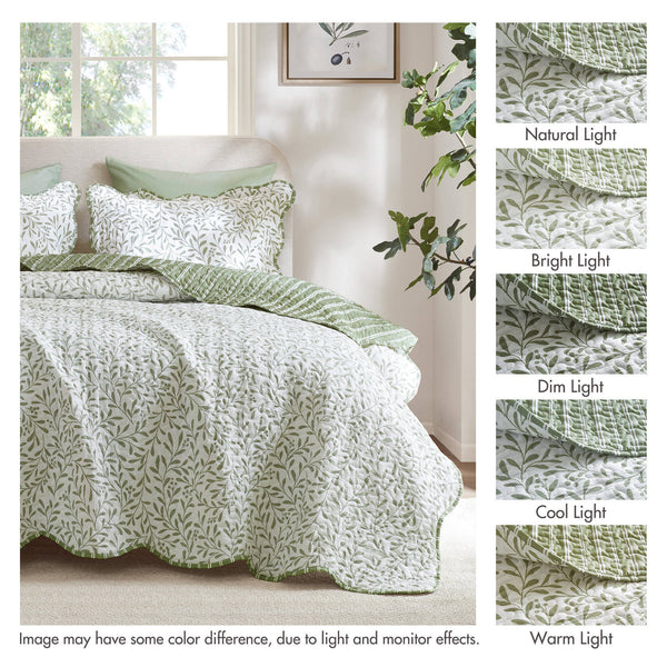 English Elm 3-piece King Quilt Set Scalloped Hem Microfiber Bedding for Master or Guest Room Sage Green B035P482950