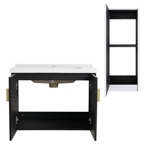 English Elm 28" Wall-Mounted Bathroom Vanity With Ceramic Sink & Side Cabinet – Space-Saving, Soft-Close Doors! W999S00327
