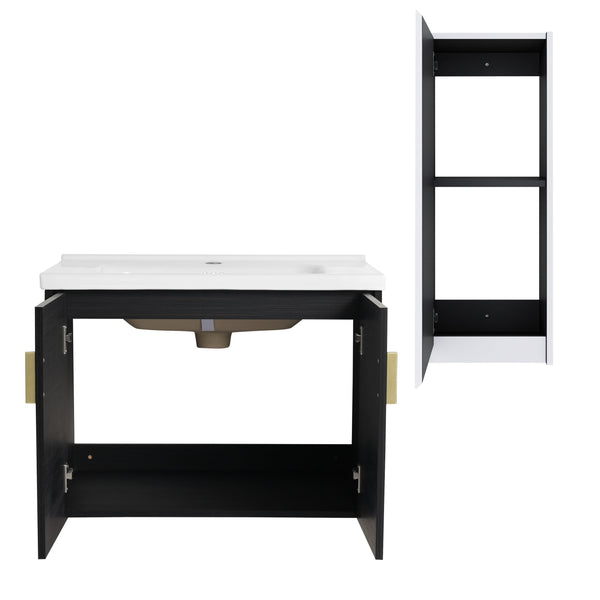 English Elm 28" Wall-Mounted Bathroom Vanity With Ceramic Sink & Side Cabinet – Space-Saving, Soft-Close Doors! W999S00327