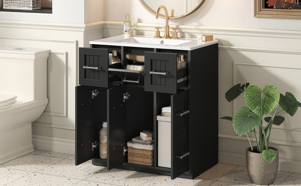 English Elm 30inch Bathroom Vanity with Undermount Sink, Tip-Out Tray, Soft-Close Doors, Spacious Drawers & Handles Black N710P331580B