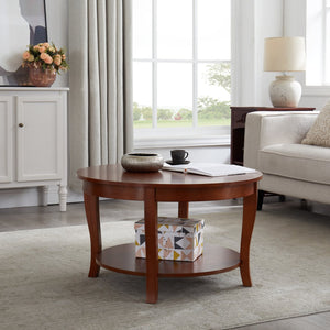 English Elm Traditional Round Coffee Table with Open Shelf, 2-Tier Solid Wood Accent Table for Small Spaces Walnut W1693P216929