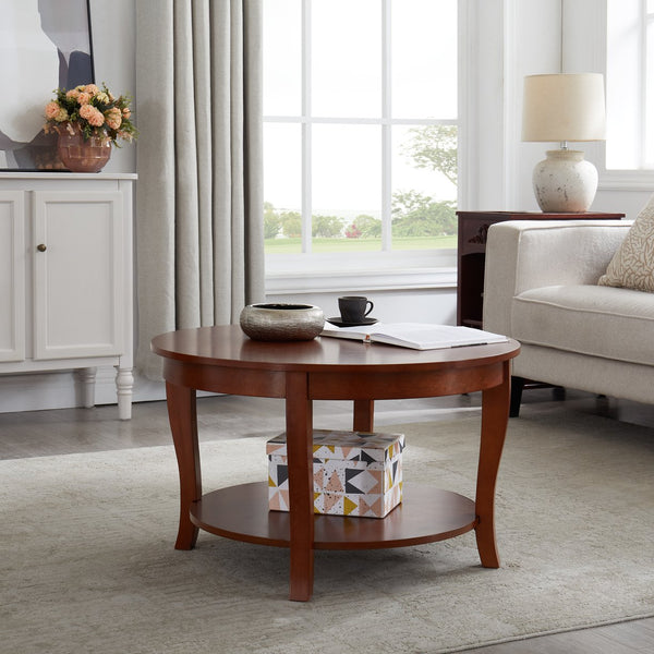 English Elm Traditional Round Coffee Table with Open Shelf, 2-Tier Solid Wood Accent Table for Small Spaces Walnut W1693P216929