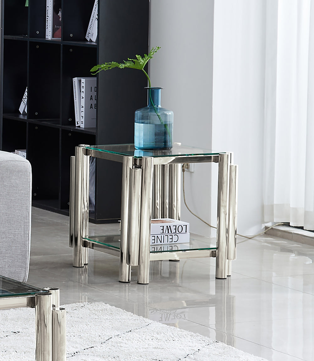 English Elm 20 Inch Square End Table, Modern Silver Stainless Steel & Glass Design With Storage For Home & Office W2978S00008