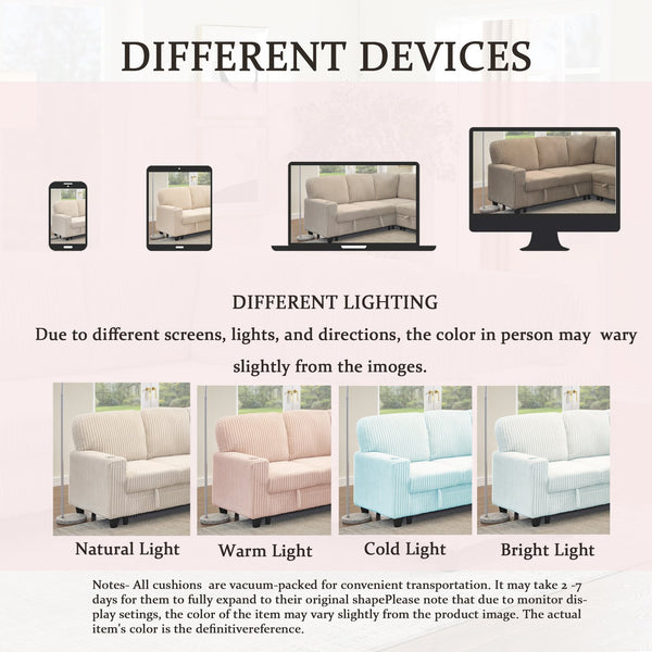 English Elm L-shaped Sectional Sleeper Sofa with Hidden Storage Usb Charging Corduroy Upholstery Beige W1998S00093