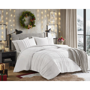 JLA Home Comfort Spaces - Soft Washed Pleated Duvet Cover Set with OEKO-TEX Soft Microfiber, Grid Pinch-Pleat, Button Closure, Breathable Comfort for Year-Round Use White AM12-0040