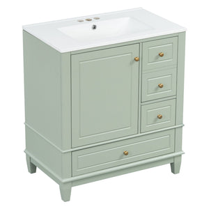 English Elm Christopher Knight Home® - 30" Freestanding Bathroom Vanity with Ceramic Sink, Soft-Close Door, Gold Knobs & 3 Drawers, Durable Painted Finish Light Green N759P225994G