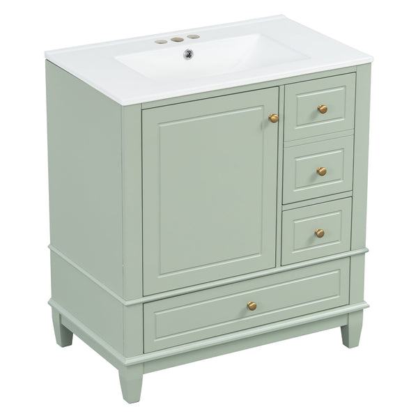 English Elm Christopher Knight Home® - 30" Freestanding Bathroom Vanity with Ceramic Sink, Soft-Close Door, Gold Knobs & 3 Drawers, Durable Painted Finish Light Green N759P225994G