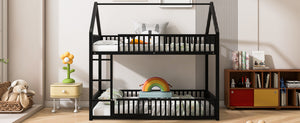 English Elm Metal Twin over Twin House Bunk Bed with Playful Roof, Sturdy Metal Frame, Quiet Support for Kids Black N709P214091B