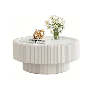 English Elm 31.5" Fluted Leather Round Coffee Table Tempered Glass Lift Top Hidden Storage Modern White W3158P450848