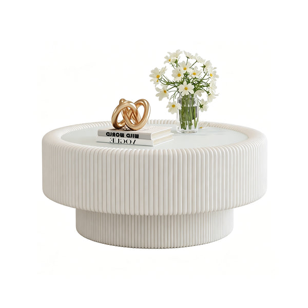 English Elm 31.5" Fluted Leather Round Coffee Table Tempered Glass Lift Top Hidden Storage Modern White W3158P450848