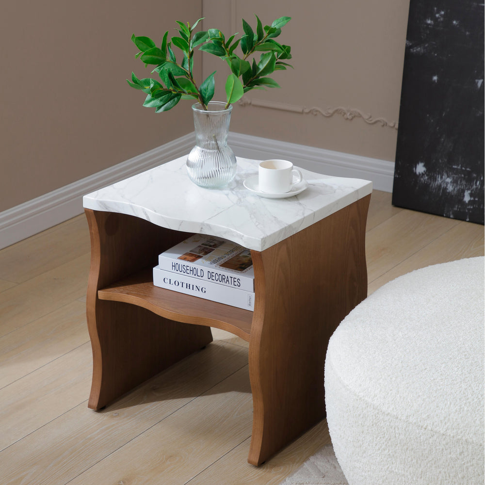 English Elm 2ps, Sculptural Faux Marble End Tables with Open Shelf for Modern Living Rooms Walnut Brown W2664S00073