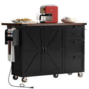 English Elm K&K 54.5" Farmhouse Kitchen Island with Drop Leaf, Built-In Power Station, Rolling Storage Cart Black N707P170349B