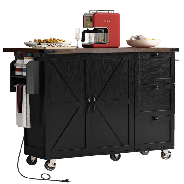English Elm K&K 54.5" Farmhouse Kitchen Island with Drop Leaf, Built-In Power Station, Rolling Storage Cart Black N707P170349B