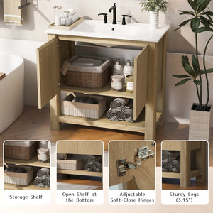 English Elm Christopher Knight Home® - 36" Modern Wall-Mounted Bathroom Vanity with Ceramic Sink, Soft-Close Doors, Fluted Accent & Open Shelves Antique Natural N817P245321N