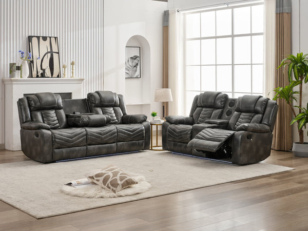 English Elm Ms Power Reclining Sofa Set Faux Leather Led Lighting Wireless Charging Living Room Grey W1805S00168