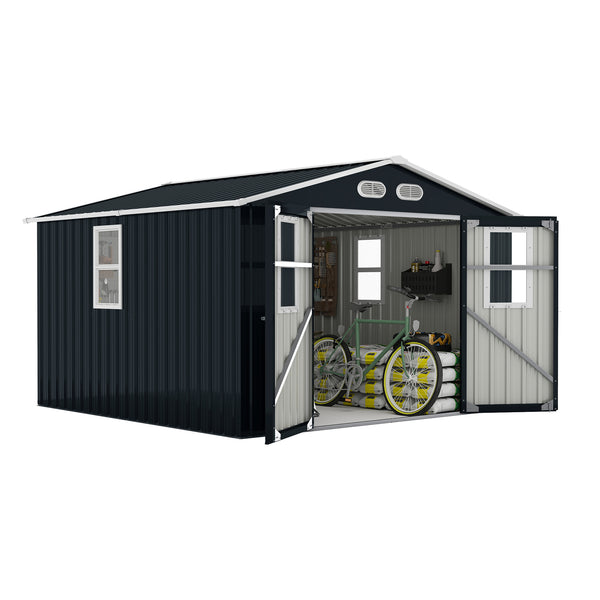 English Elm Outdoor Metal Storage Shed 8x8 Ft with Four Windows and Lockable Double Doors Dark Gray W1598S00041