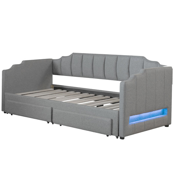 English Elm Twin Extendable Upholstered Daybed with Two Storage Drawers, LED Light, Slat Kit Included for Guests Gray N7500002061E