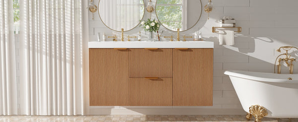 English Elm [video]47.24 Inch Floating Double Sink Vanity Mdf Cabinet Gold Handles Modern Bath N729P000025N
