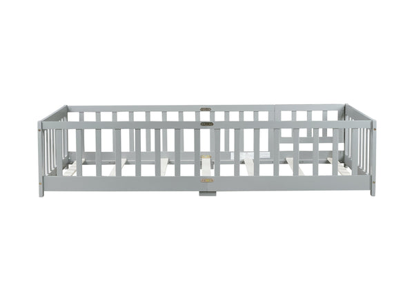 English Elm Twin Low Profile Rubberwood Floor Bed with Full Safety Fence for Toddler Rooms Grey W504P429267