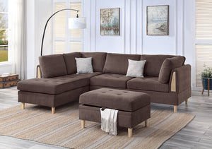 English Elm 3 Piece Sectional Set Reversible Chaise & Storage Ottoman in Chocolate Chenille with Tufted Cushions and Pillows B089S00179