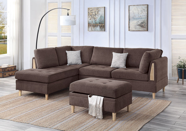 English Elm 3 Piece Sectional Set Reversible Chaise & Storage Ottoman in Chocolate Chenille with Tufted Cushions and Pillows B089S00179