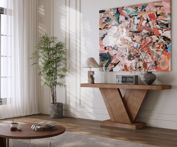 English Elm 66" Mid-century X-leg Console Oak Wash Veneer Entryway Sofa Table Geometric Base Walnut W1435P337637