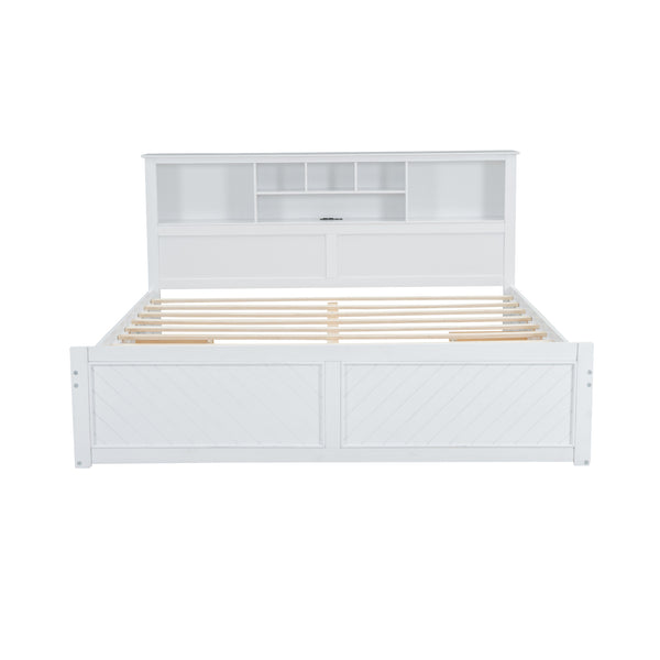 English Elm King Platform Bed with Multi-Storage Headboard, Built-In USB & Outlets, Side Drawers, Modern Design White GX000400AAK
