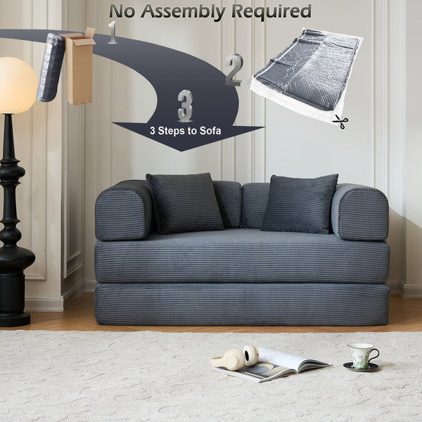 English Elm 59'' Corduroy Floor Sofa Convertible Sleeper with Bolster Pillow for Studio Living Gray W3434P449859
