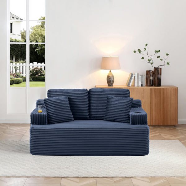 English Elm 66.5''boneless Floor Sofa Corduroy Two Seater with Cup Holders and Pockets for Apartments Blue W1117P427663