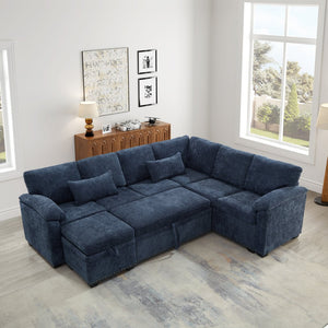 English Elm 97 Inch L-shaped Chenille Sectional Sofa with Sleeper Storage Ottoman 7 Seats Dark Blue W1669S00019